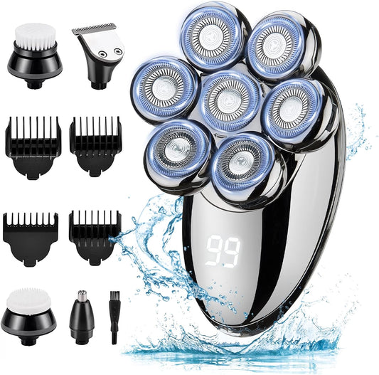 Elektrorasierer, 5 in 1 Rasierer, Glatzenrasierer, Professioneller Herren-Haarschneider, Wasserdicht, Mit 7 Rotierenden Köpfen Und USB, Kabellos Wiederaufladbar