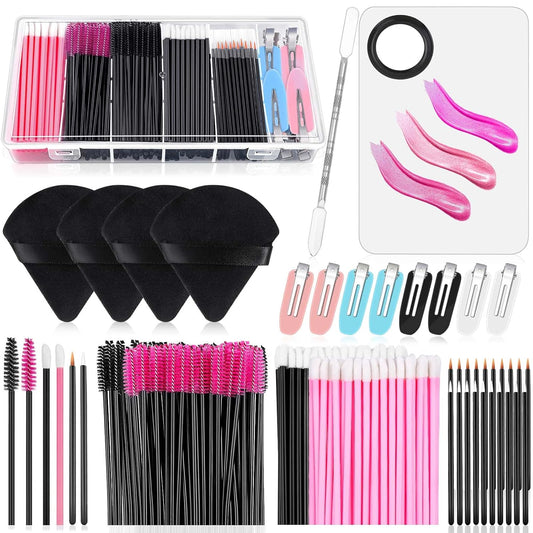 Einweg-Make-Up-Applikatoren-Set Mit Dreieck-Puff-Mischpalette, Künstlerbedarf Einweg-Mascara-Stäbe, Lippenpinsel, Haarspangen, Puderquasten Für Gesicht Mit Aufbewahrungsbox in Rosa